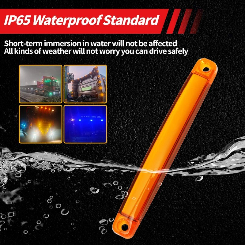 LED Multicolour Waterproof Lights Garden Solar System, Ambient Illumination Light, Vehicle or Trailer Warning Lights. Transparent Crystal Shell and Curved Surface Design Enhances Irradiation Range. Specifications: Material: High Strength ABS Plastic, Model: 9LED Strip Light, Size: 12x98mm, Power: 1W, Voltage: DC 12-24V Universal, Screw Hole Distance: 90mm.