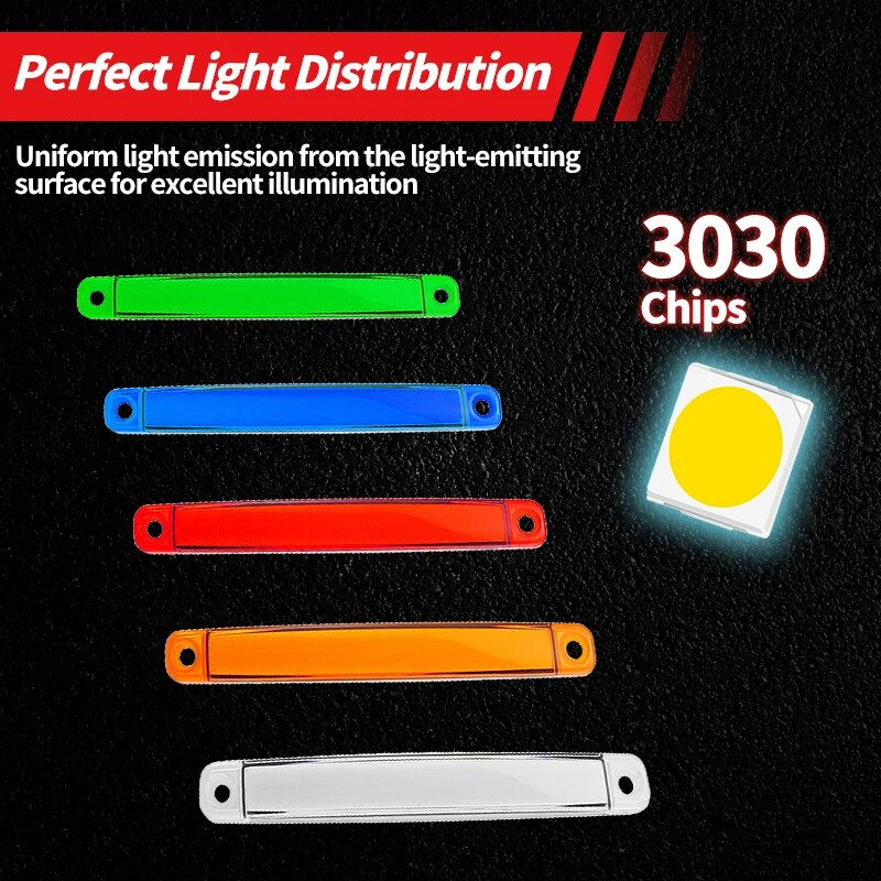 LED Multicolour Waterproof Lights Garden Solar System, Ambient Illumination Light, Vehicle or Trailer Warning Lights. Transparent Crystal Shell and Curved Surface Design Enhances Irradiation Range. Specifications: Material: High Strength ABS Plastic, Model: 9LED Strip Light, Size: 12x98mm, Power: 1W, Voltage: DC 12-24V Universal, Screw Hole Distance: 90mm.