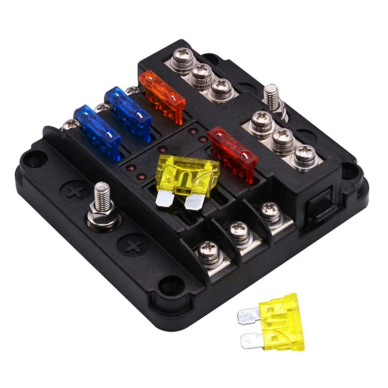Fuse Box Holder Block Cover Stud Blade 6 Way Terminals Circuit For Car Truck Camper Marine With LED Indicator Light Plastic