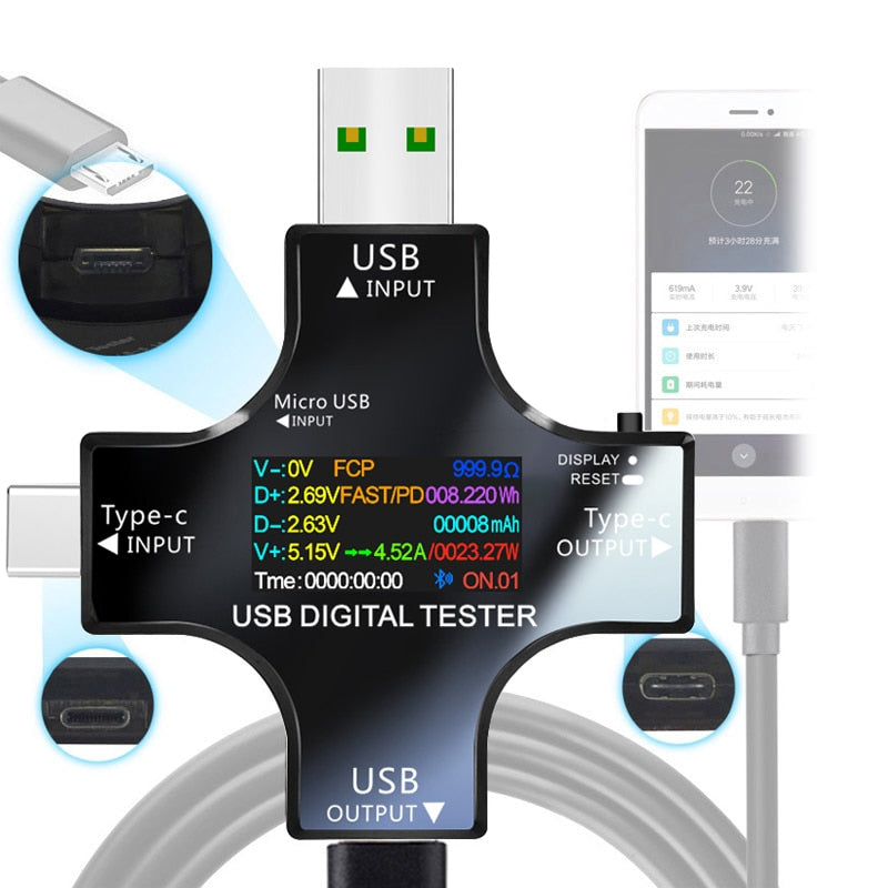 6.5A USB Tester DC Type-C PD Digital Voltmeter Amper Voltage Current Monitor Ammeter Detector Power Bank Charger Capacity Meter