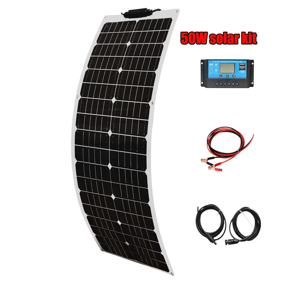 50W 100W Monocrystalline Flexible Solar Panel Kit 12V Battery Charger System For Home Camping Car RV Boat Off-grid Applications