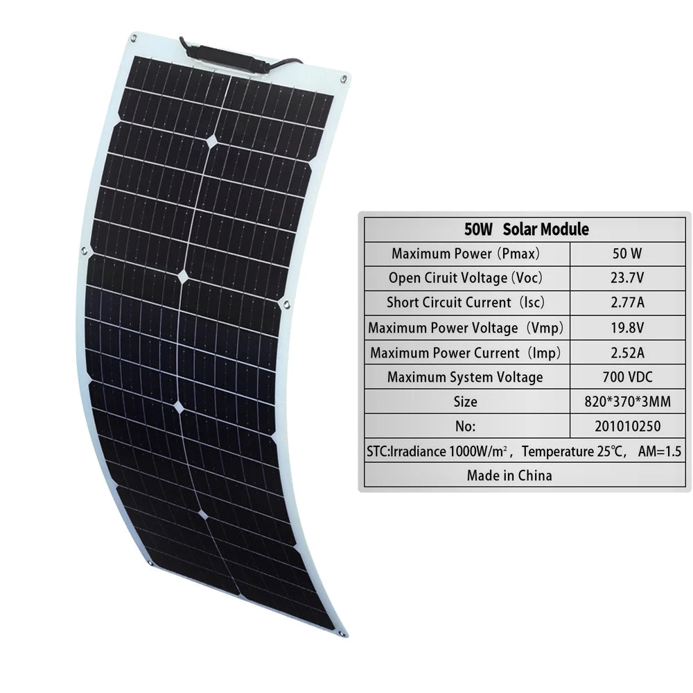 50W 100W Monocrystalline Flexible Solar Panel Kit 12V Battery Charger System For Home Camping Car RV Boat Off-grid Applications