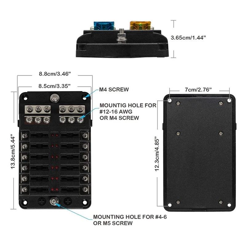 12V 12 Way Marine Fuse Block Fuse Panel With Ground & 12 Volt Fuse Box For Car Automotive Boat RV RZR-A45K