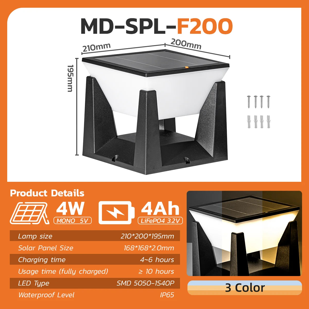 3-Color Solar Post Light IP65 Waterproof Outdoor Garden Yard Pathway LED Lamp - Solar Powered Lighting