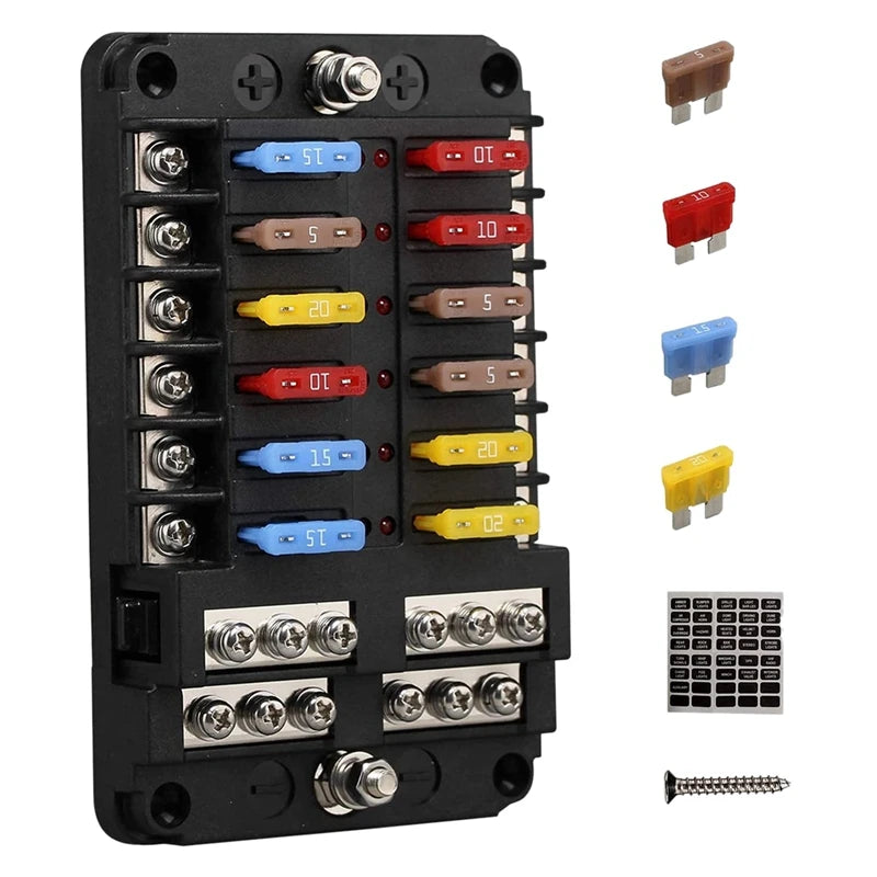12V 12 Way Marine Fuse Block Fuse Panel With Ground & 12 Volt Fuse Box For Car Automotive Boat RV RZR-A45K