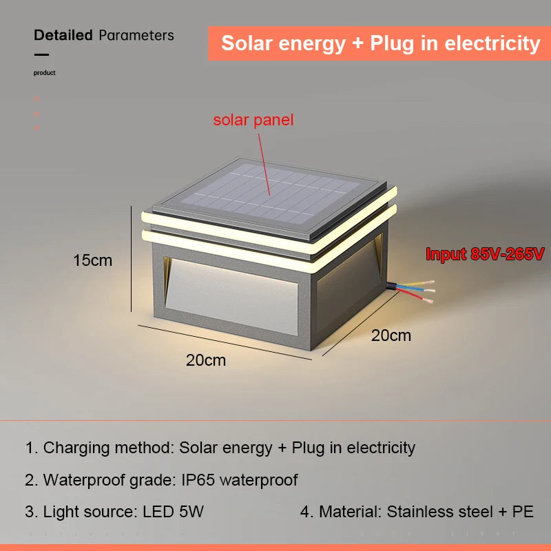 Solar Pillar Lights LED Wall Lamp Outdoor Waterproof Lighting Home Decor Solar Energy Square Lamp Villa Gate Garden Door Fence