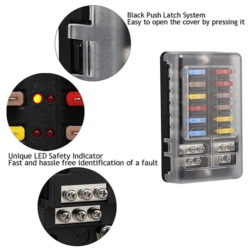12V 12 Way Marine Fuse Block Fuse Panel With Ground & 12 Volt Fuse Box For Car Automotive Boat RV RZR-A45K