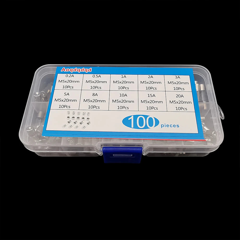 100/150Pcs Quick Blow Glass Tube Fuse 5x20mm Glass Fuses Assortment kit 0.2A-20A/0.1A-30A with Plastic Box