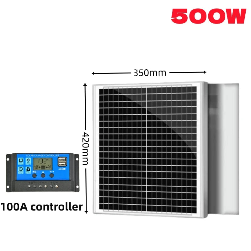 500W Solar Panel 18V Glass Aluminum Frame Single Crystal Solar Power Generation Car Battery Charger Home System Camping Charging