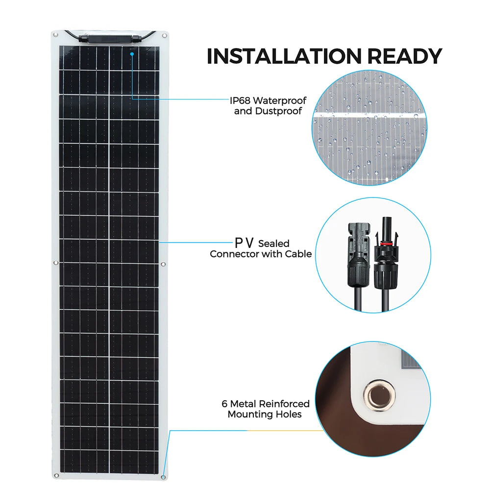 50W 100W Monocrystalline Flexible Solar Panel Kit 12V Battery Charger System For Home Camping Car RV Boat Off-grid Applications