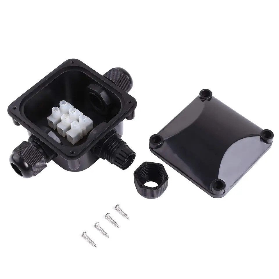 12-24V DC 3-Way Electrical junction Box, IP68 Waterproof Dustproof, Outdoor Yard Shed External LED Junction Box, Colour Black. Each 3-way Electrical Box Includes Rubber Seal, 3 Mating Connector, 4 Screws.    Product Description:  Dimension: 115*95*50mm, Wire Diameter: Ranging from 5.5-10.5mm (perfect for 2.5mm Flat T&E Cable),