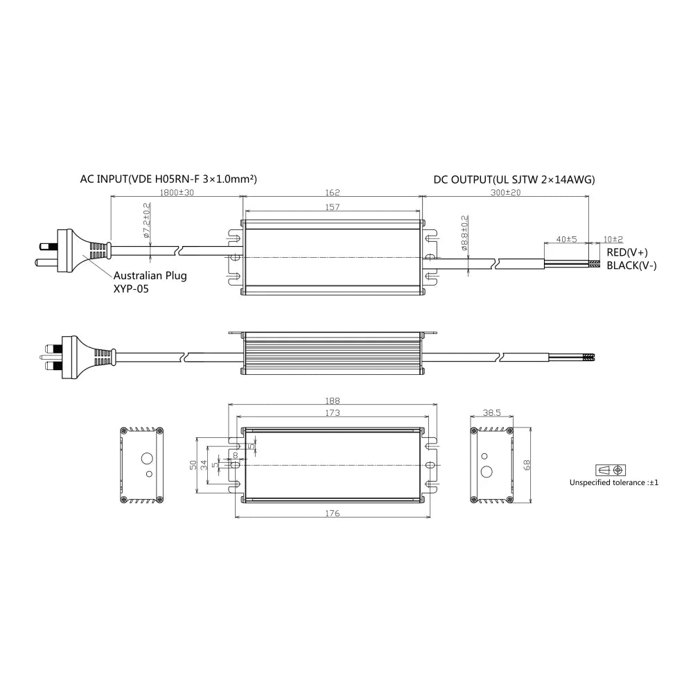 200W 12V DC 16.7A LED Driver Drawings and Dimensions.
