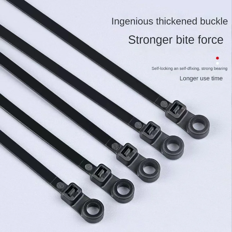 Nylon Cable Ties Screw Hole Fixed Head 3x100mm, Self-Locking Cylindrical Head, Double Hole Round Head Cable Ties. Item Description: Screw hole fixed head nylon cable ties, self-locking 3x100mm. Universal Application: Widely used in electronic industry, automotive, construction industry, home, farmers.  