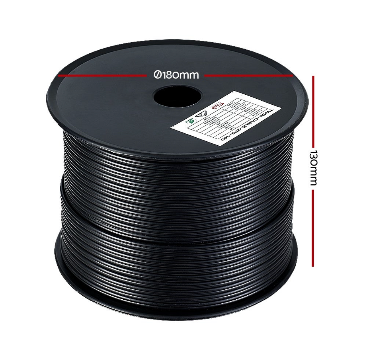 Roll (100m) Dimensions: 180mm across, hight 130mm.  2.5mm * 100m Twin Core Twin Sheath electrical Cable, Red wire positive, Black wire negative. Australian Standards: SAA-certified. Conductor: Oxygen free plain copper wire to AS/NZ 1125. Insulation: V-90 PVC to AS/NZ 3808. Sheath: 5V-90 PVC AS/NZ 3808.  Voltage: up to 450V AC/DC. AMP: 11A Core No.: 2. Strand Diameter: 7/0.32mm.