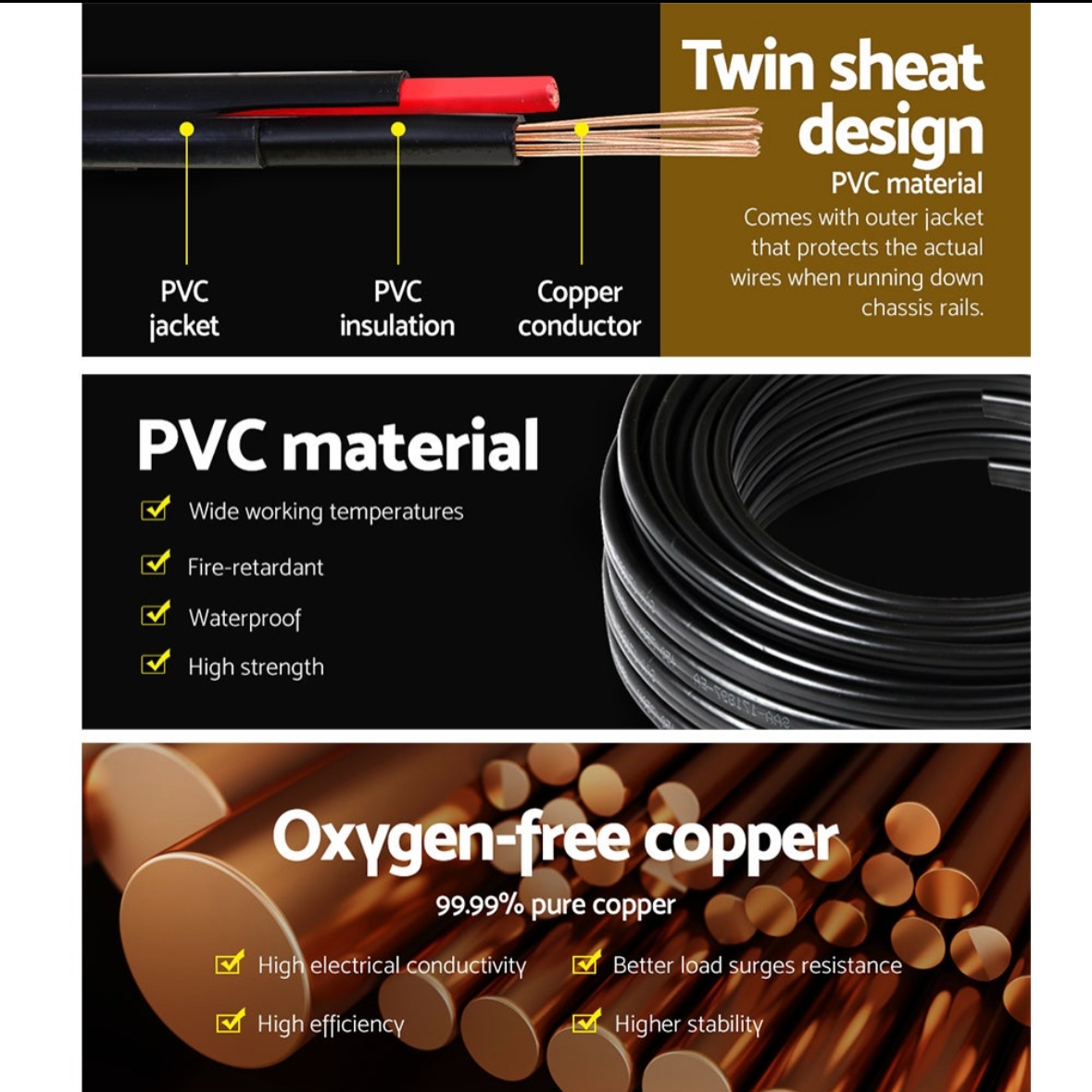 2.5mm * 100m Twin Core Twin Sheath electrical Cable, Red wire positive, Black wire negative. Australian Standards: SAA-certified. Conductor: Oxygen free plain copper wire to AS/NZ 1125. Insulation: V-90 PVC to AS/NZ 3808. Sheath: 5V-90 PVC AS/NZ 3808.  Voltage: up to 450V AC/DC. AMP: 11A Core No.: 2. Strand Diameter: 7/0.32mm.