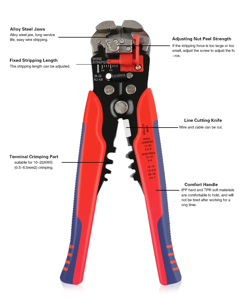 Multifunctional Wire Stripping Pliers, Precision wire stripping, Cable cutting, Multiple Crimping Terminal. Item Description: Length: 205mm. Stripping Range: 24-10AWG / 0.2-6mm. Crimping Terminals: 22-10AWG 0.5-6mm. Cutter Head: Zinc alloy head. Hardness: HRC55-60. 