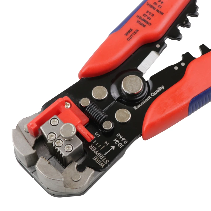 Multifunctional Wire Stripping Pliers, Precision wire stripping, Cable cutting, Multiple Crimping Terminal. Item Description: Length: 205mm. Stripping Range: 24-10AWG / 0.2-6mm. Crimping Terminals: 22-10AWG 0.5-6mm. Cutter Head: Zinc alloy head. Hardness: HRC55-60. 