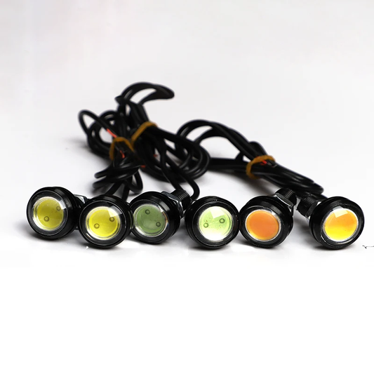 18mm Eagle Eye LED 12V DC Lights, 18MM 10 per Pack, Colours: Red, Green, Amber, Blue, Crystle Blue, White. Product Size: width 18mm Length 31mm, Threaded shaft with a nut. 