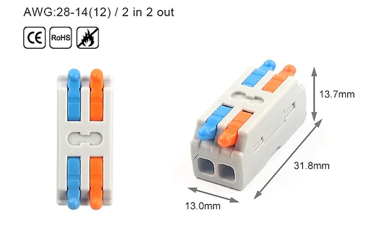 Mini Quick Wire Connector, Push in Terminal Block 2 In 2 Out, Suitable for Connecting DC 12-24V LED Lights in Waterproof Outdoor Electrical Junction Box's. Cable Range 0.08-2.5mm / AWG 28-14. Made of High-Quality Flame-Retardant Material.