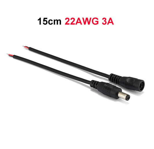 Barrel Jack Plug Cable Female Male 5.5mm 2.1mm (5V-12V DC). Female, Male: DC power connector cable wire. Cable type: 22AWG.  Outside Diameter: 5.5mm. Inside diameter: 2.1mm. Conductor Material: tinned copper. Insulation Material: PVC. Female cable length: 15cm. Male cable length: 15cm. 