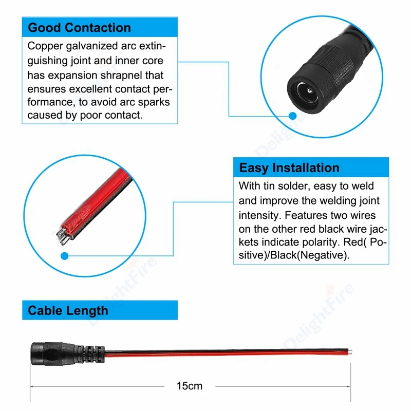 Barrel Jack Plug Cable Female Male 5.5mm 2.1mm (5V-12V DC). Female, Male: DC power connector cable wire. Cable type: 22AWG.  Outside Diameter: 5.5mm. Inside diameter: 2.1mm. Conductor Material: tinned copper. Insulation Material: PVC. Female cable length: 15cm. Male cable length: 15cm. 