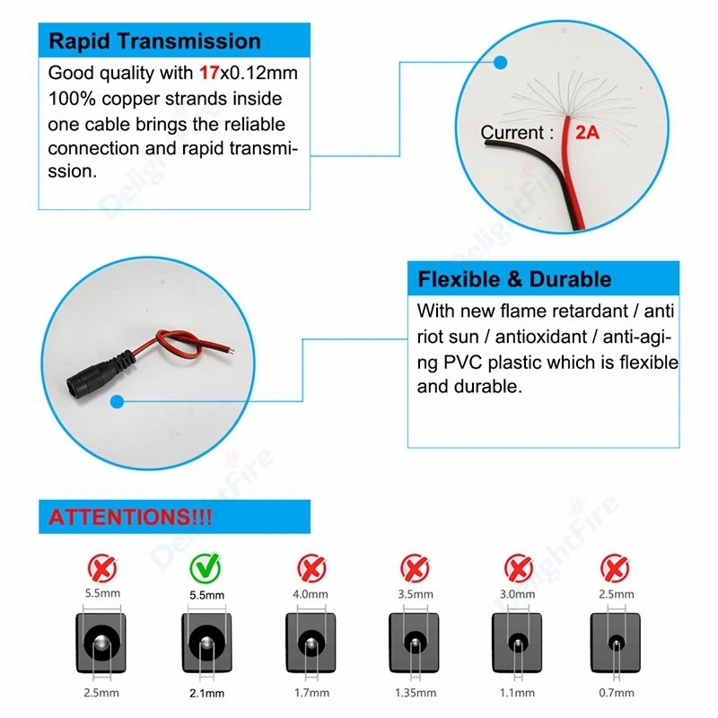 Barrel Jack Plug Cable Female Male 5.5mm 2.1mm (5V-12V DC). Female, Male: DC power connector cable wire. Cable type: 22AWG.  Outside Diameter: 5.5mm. Inside diameter: 2.1mm. Conductor Material: tinned copper. Insulation Material: PVC. Female cable length: 15cm. Male cable length: 15cm. 