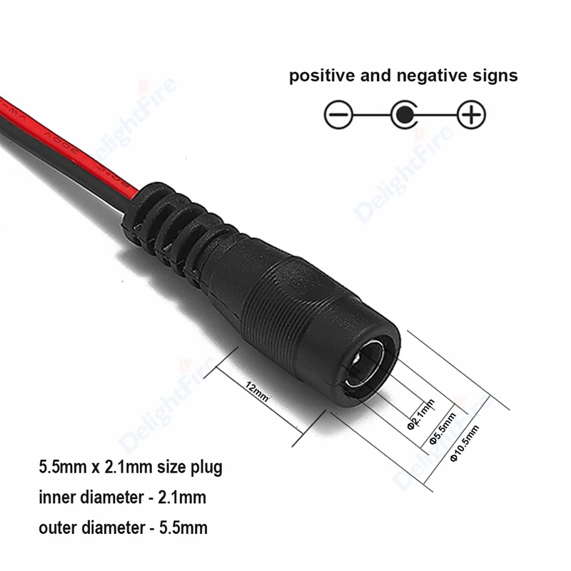 Barrel Jack Plug Cable Female Male 5.5mm 2.1mm (5V-12V DC). Female, Male: DC power connector cable wire. Cable type: 22AWG.  Outside Diameter: 5.5mm. Inside diameter: 2.1mm. Conductor Material: tinned copper. Insulation Material: PVC. Female cable length: 15cm. Male cable length: 15cm. 