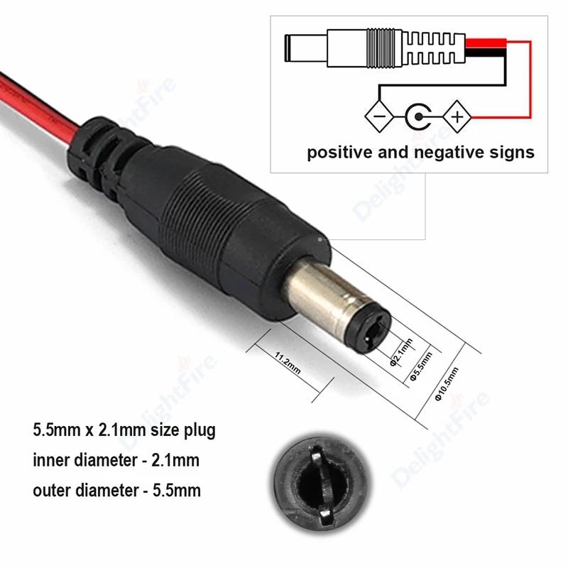 Barrel Jack Plug Cable Female Male 5.5mm 2.1mm (5V-12V DC). Female, Male: DC power connector cable wire. Cable type: 22AWG.  Outside Diameter: 5.5mm. Inside diameter: 2.1mm. Conductor Material: tinned copper. Insulation Material: PVC. Female cable length: 15cm. Male cable length: 15cm. 