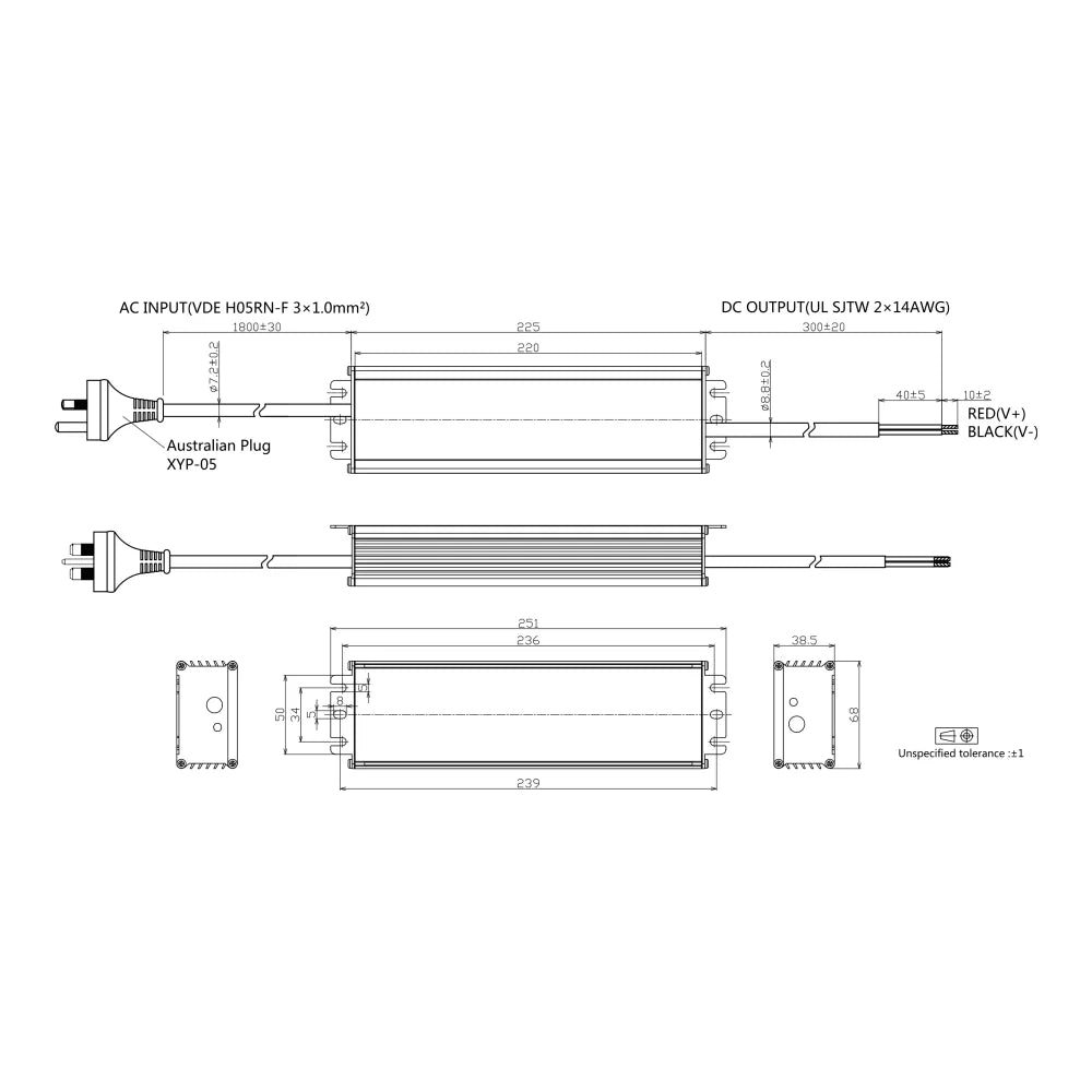 240W 12V DC 20A LED Driver Drawings and Dimensions