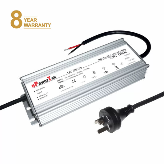 Brand: uPowerTek, Model: BLD-320-V012-NNS, Watts: 320W, Voltage: 12DC. This LED driver is a 320W 12V DC constant voltage LED driver with a current output up to 26.6A. 