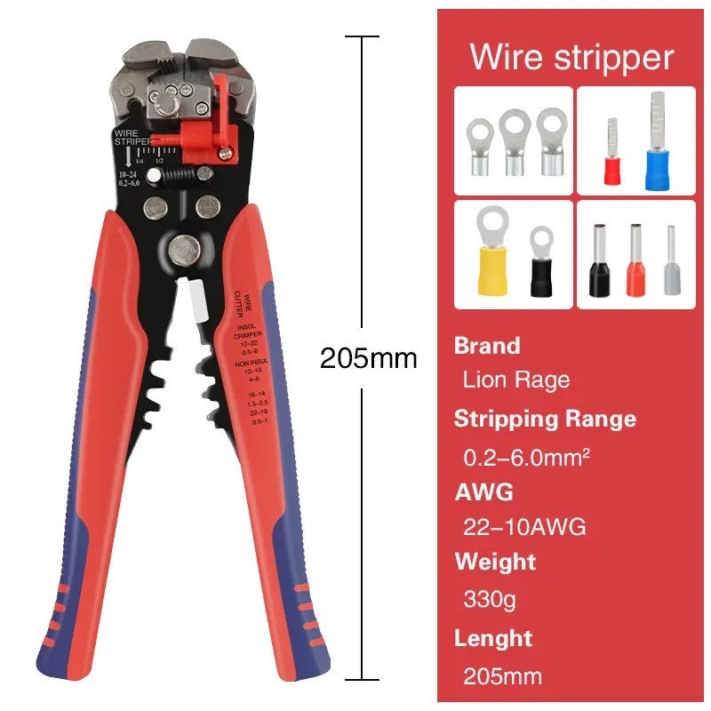 Multifunctional Wire Stripping Pliers, Precision wire stripping, Cable cutting, Multiple Crimping Terminal. Item Description: Length: 205mm. Stripping Range: 24-10AWG / 0.2-6mm. Crimping Terminals: 22-10AWG 0.5-6mm. Cutter Head: Zinc alloy head. Hardness: HRC55-60. 