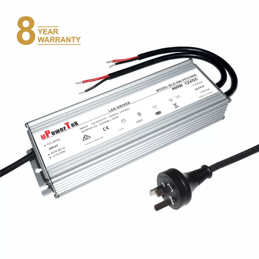 Brand: uPowerTek, Model: BLD-400-V012-NNS, Watts: 400W, Voltage: 12DC. This LED driver is a 400W 12V DC constant voltage LED driver with a current output up to 33.3A.  This LED driver is fitted with Australian mains plug and are RCN approved.