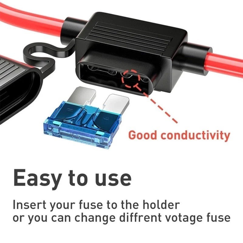 In Line Automotive Mini Blade Fuse Holder, Splash-proof, 12-32V DC, 30A. Cars, Trucks, Boats. Item Description: Type: In line mini fuse holder, Suitable for: Automotive vehicles. Rated Voltage: 12V 20A DC. Maximum Voltage: 32V. Maximum Current: 30A. Holding Current: 20A. Cable Length: 27cm.