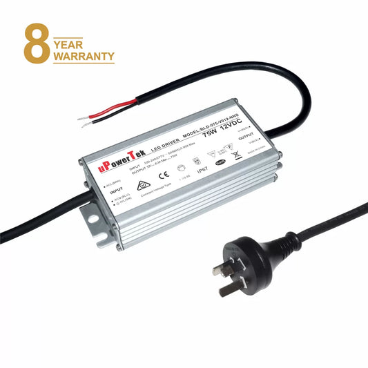 Brand: uPowerTek, Model: BLD-075-V012-NNS, Watts: 75w, Voltage: 12DC. This LED driver is a 75W 12V DC constant voltage LED driver with a current output up to 6.3A. This LED driver is fitted with Australian mains plug and are RCM approved.