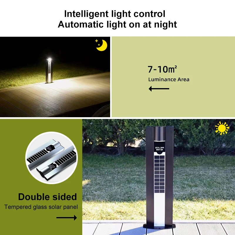 ACMESHINE Aluminium Alloy Double Sided Glass Solar Bollard Light Yard Garden Roadway Waterproof Ip65 Landscape Outdoor Lighting