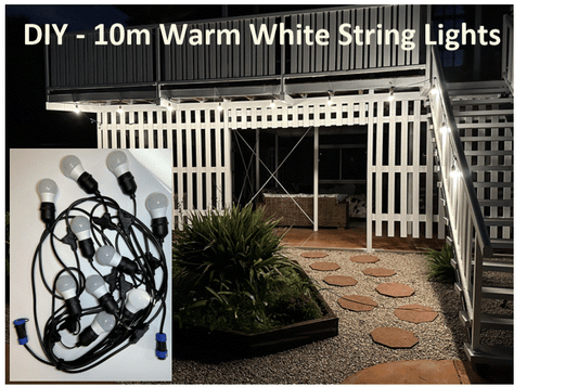 DIY 12V-DC LED 10m Party Lights Outdoor Waterproof IP65, E27 Base Globes, 3W Warm White Led String Light Perfect for Outdoor Patios, Decks, Sheds, Weddings, Birthday Parties, Holiday creating a cozy atmosphere, or a charming and festive accent, to a casual evening under the stars. Connect 1,2 or 3 sets together.