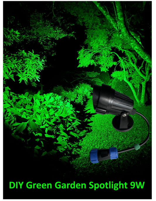 DIY - Green: Garden Spotlight 12V-DC, lawn Lamp, Waterproof Landscape lighting. Product Specifications: Power: 9W, Voltage: 12V DC, lumens: 100LM/W, Lead Wire 25cm Length. Working Temperature: -40C to +60C, Power Consumption: 5 Watts. This product requires an LED Driver / Transformer to operate the light.