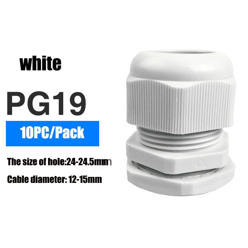 Waterproof IP68 Cable Gland 10pcs Cable Entry PG7 for 3-6.5mm PG9 PG11 PG13.5 PG16 PG19/21/ White Black Nylon Plastic Connector