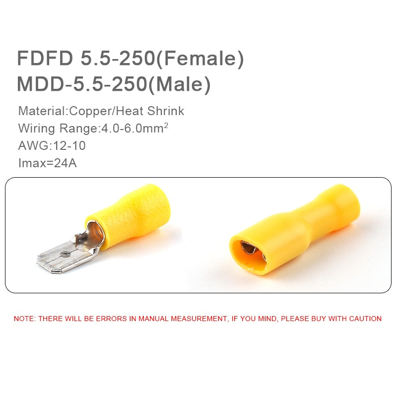 50PCS FDD/MDD 6.3mm Terminal Red Blue Yellow Female Male Spade Insulated Electrical Crimp Terminal Connectors Wiring Cable Plug