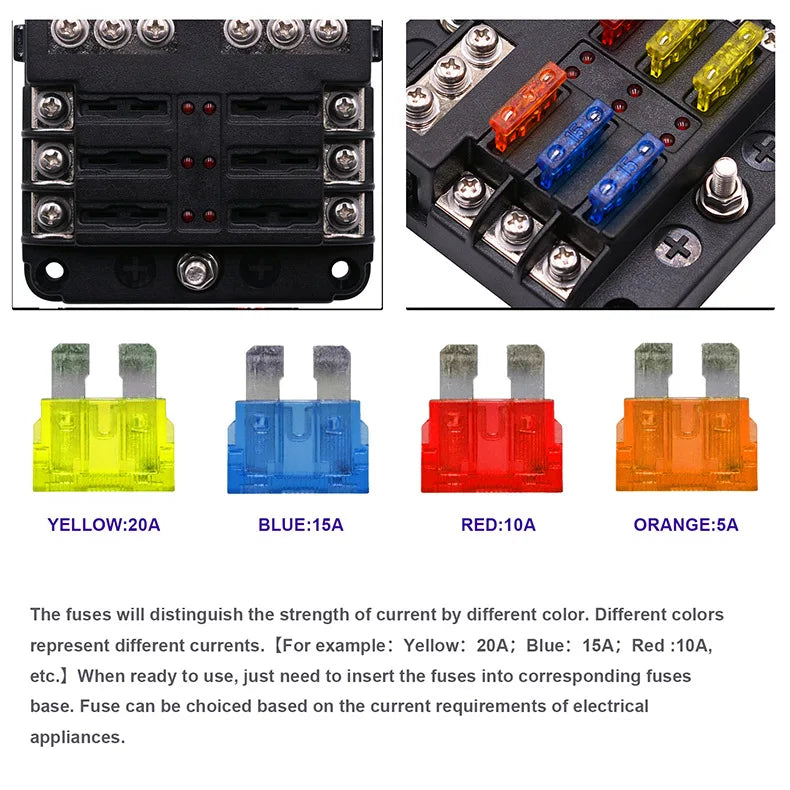 Fuse Box Holder Block Cover Stud Blade 6 Way Terminals Circuit For Car Truck Camper Marine With LED Indicator Light Plastic