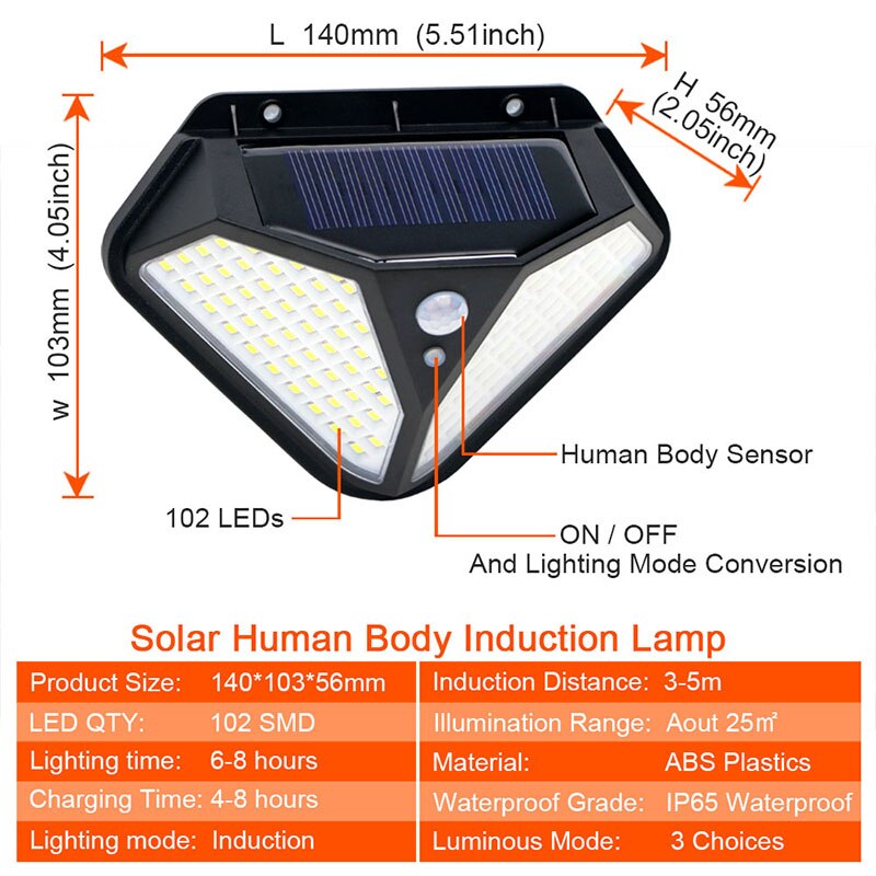 2side 102LED PIR Motion Sensor Solar Energy Street lamp 3 lighting modes Yard Path Home Garden Solar Power Induction Wall Light