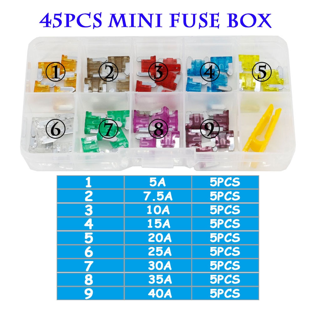 90/45PCS Car Fuse 5/7.5/10/15/20/25/30/35/40A Mini/Small/Medium 32V Automotive Blade Type Zinc alloy Fuse with Box Clip