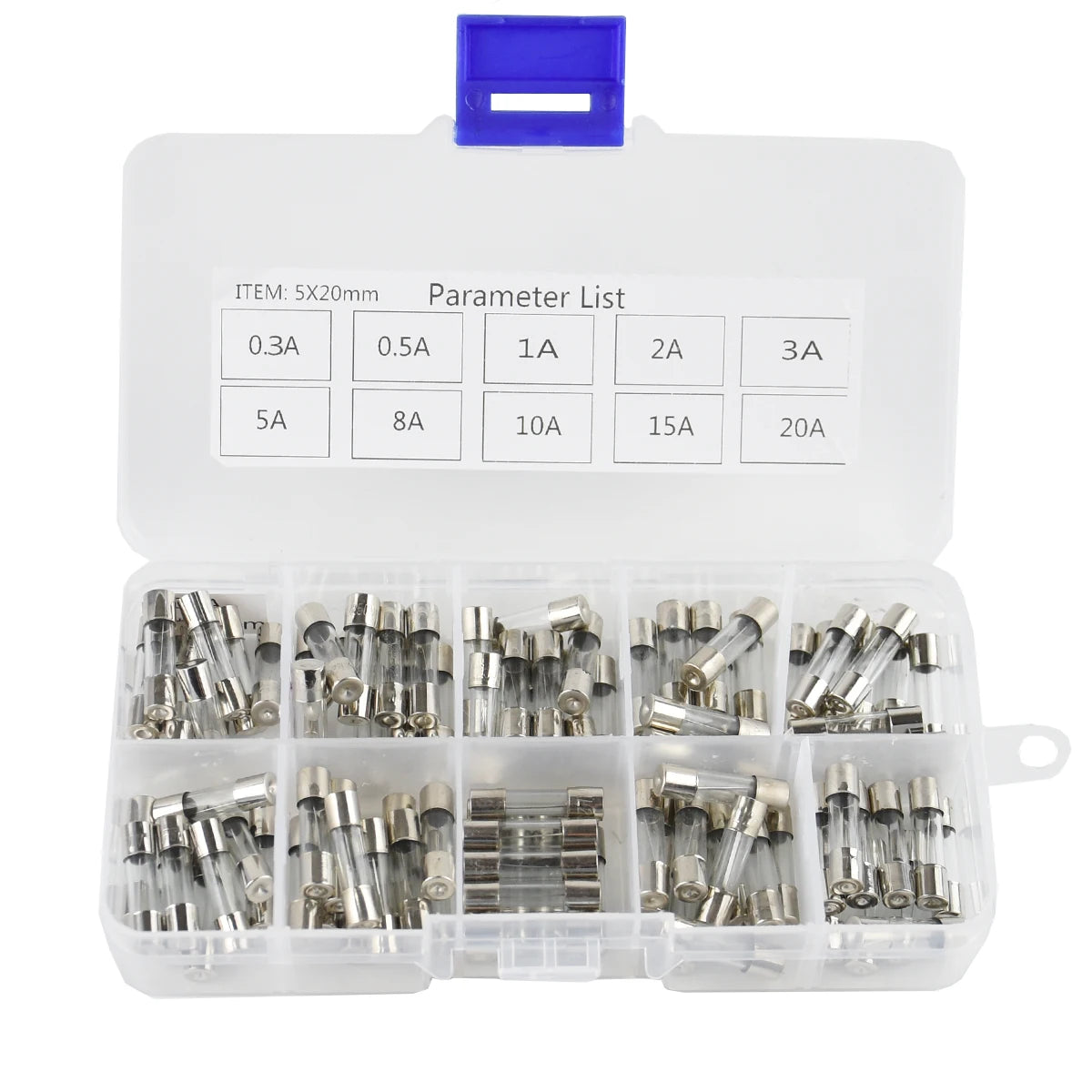 100Pcs Set 5x20mm Quick Blow Glass Tube Fuse Suit combined Assorted Kits, Fast-blow Glass Fuses 0.3A0.5A 1A 2A 3A 5A 8A 10A 15A 20A