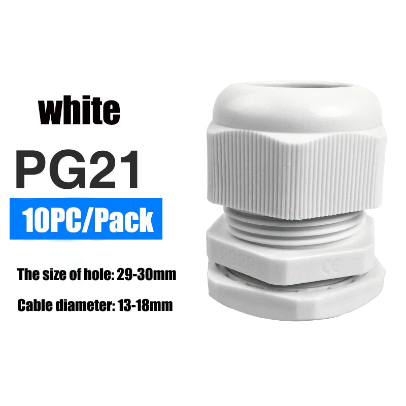 Waterproof IP68 Cable Gland 10pcs Cable Entry PG7 for 3-6.5mm PG9 PG11 PG13.5 PG16 PG19/21/ White Black Nylon Plastic Connector