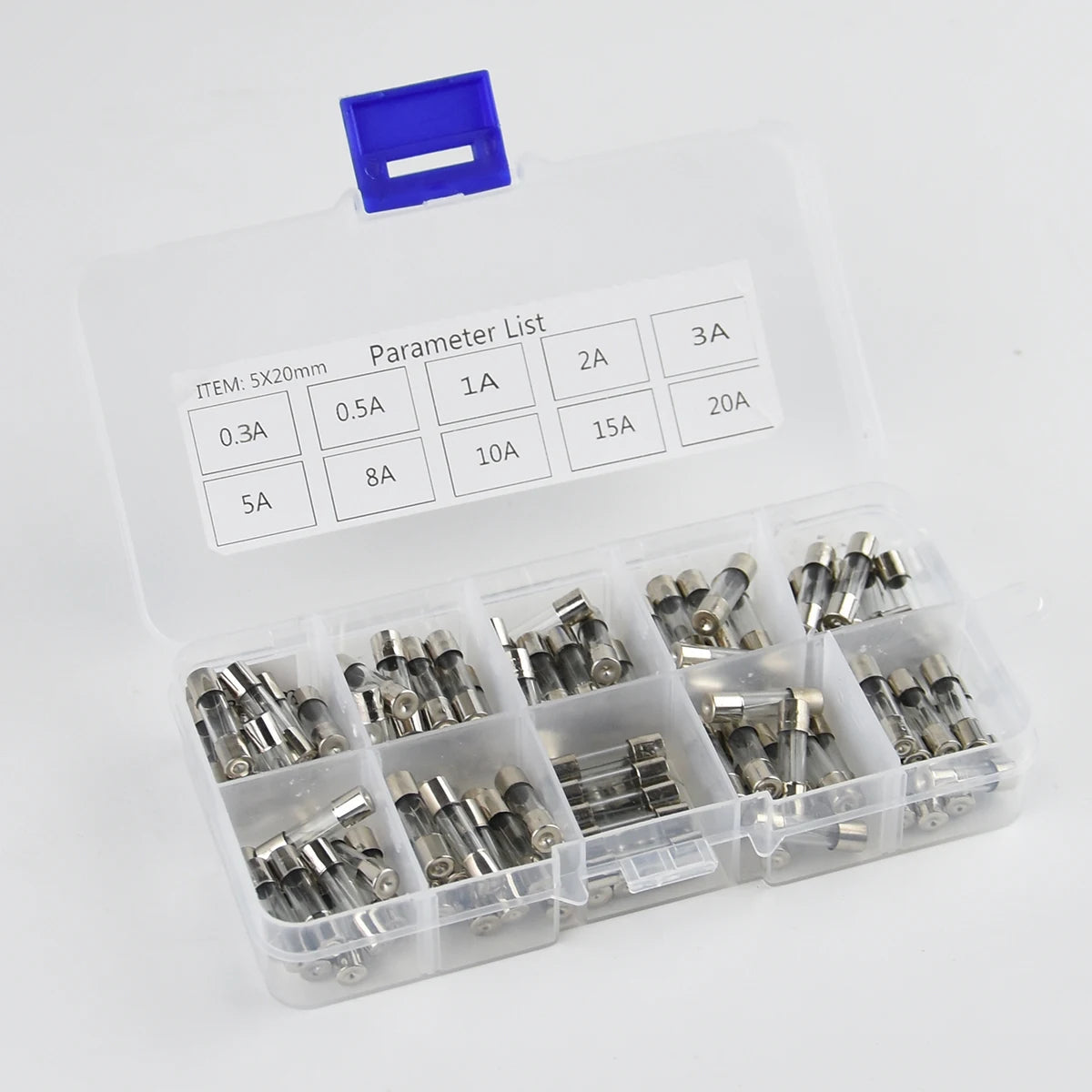 100Pcs Set 5x20mm Quick Blow Glass Tube Fuse Suit combined Assorted Kits, Fast-blow Glass Fuses 0.3A0.5A 1A 2A 3A 5A 8A 10A 15A 20A