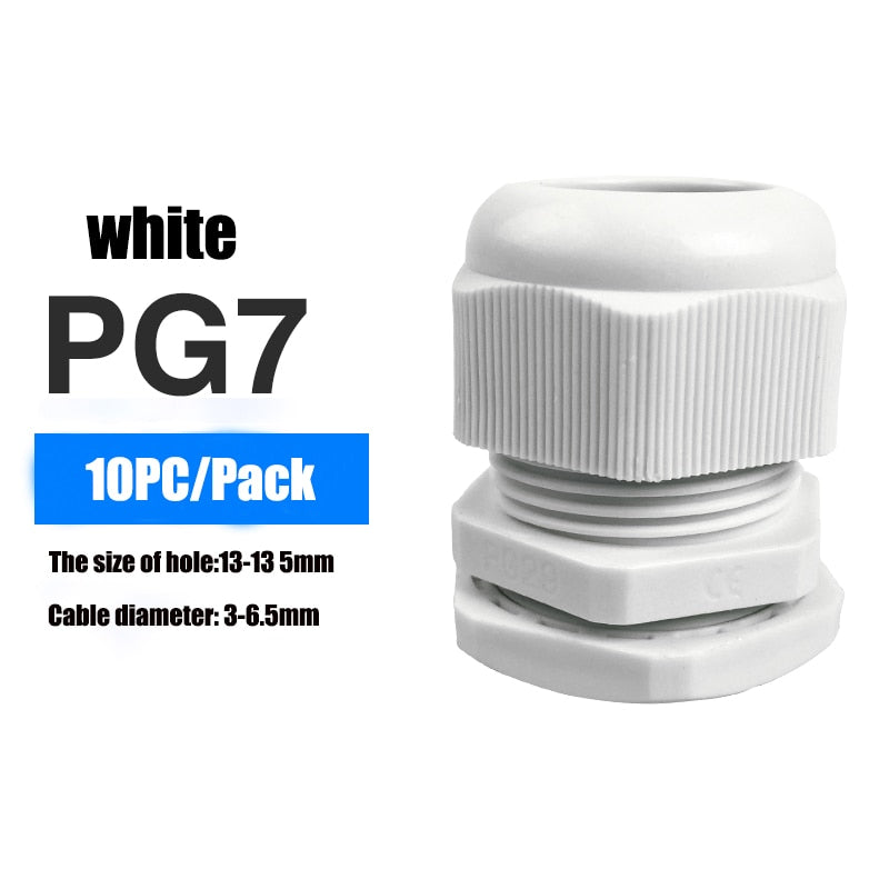 Waterproof IP68 Cable Gland 10pcs Cable Entry PG7 for 3-6.5mm PG9 PG11 PG13.5 PG16 PG19/21/ White Black Nylon Plastic Connector