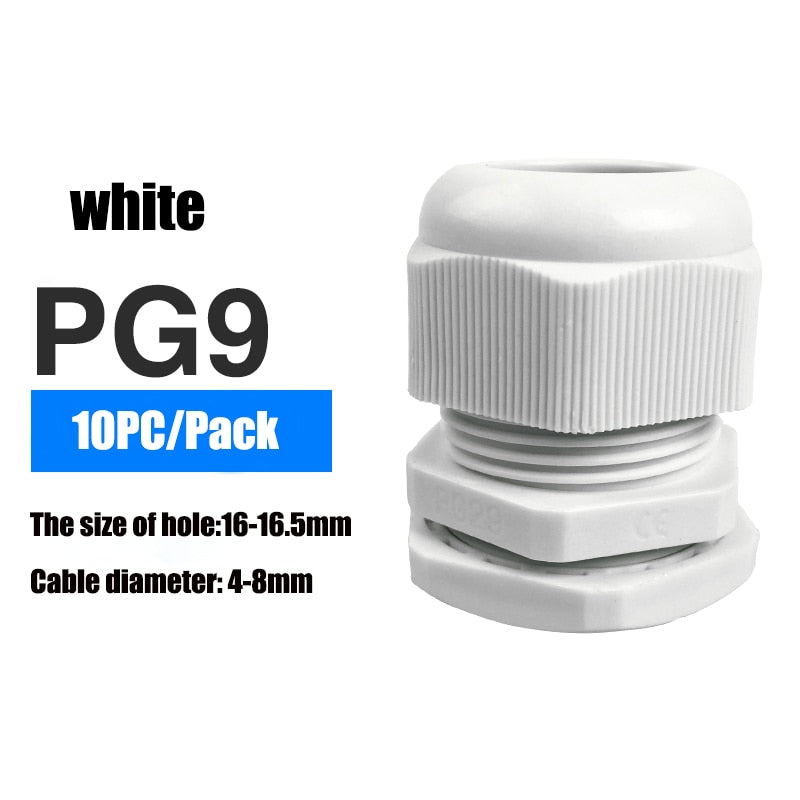 Waterproof IP68 Cable Gland 10pcs Cable Entry PG7 for 3-6.5mm PG9 PG11 PG13.5 PG16 PG19/21/ White Black Nylon Plastic Connector