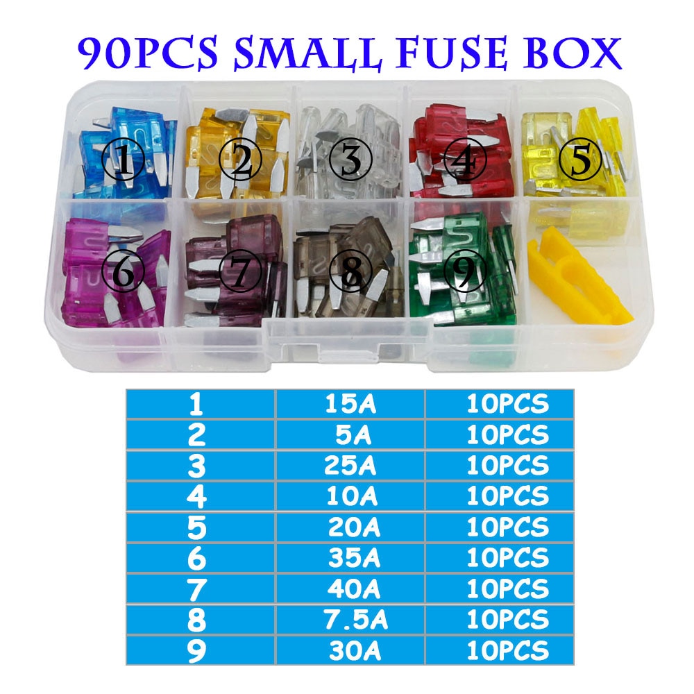 90/45PCS Car Fuse 5/7.5/10/15/20/25/30/35/40A Mini/Small/Medium 32V Automotive Blade Type Zinc alloy Fuse with Box Clip