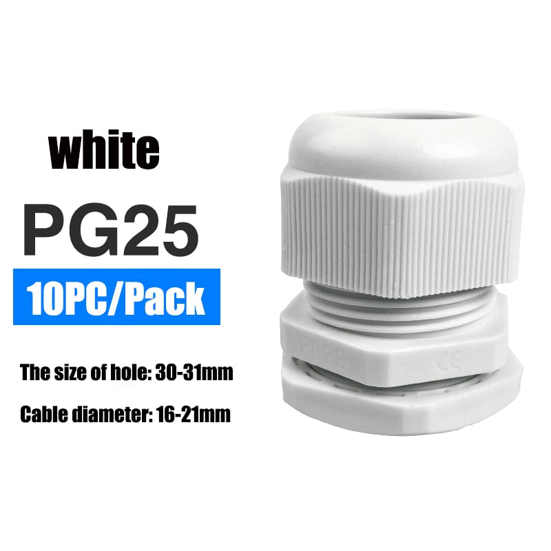 Waterproof IP68 Cable Gland 10pcs Cable Entry PG7 for 3-6.5mm PG9 PG11 PG13.5 PG16 PG19/21/ White Black Nylon Plastic Connector