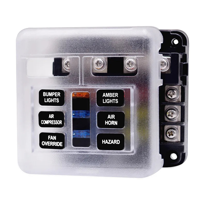 Fuse Box Holder Block Cover Stud Blade 6 Way Terminals Circuit For Car Truck Camper Marine With LED Indicator Light Plastic